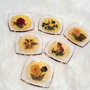 Vintage Clear Resin Real Pressed Flowers & Clovers Cottagecore Fairy Coaster Set